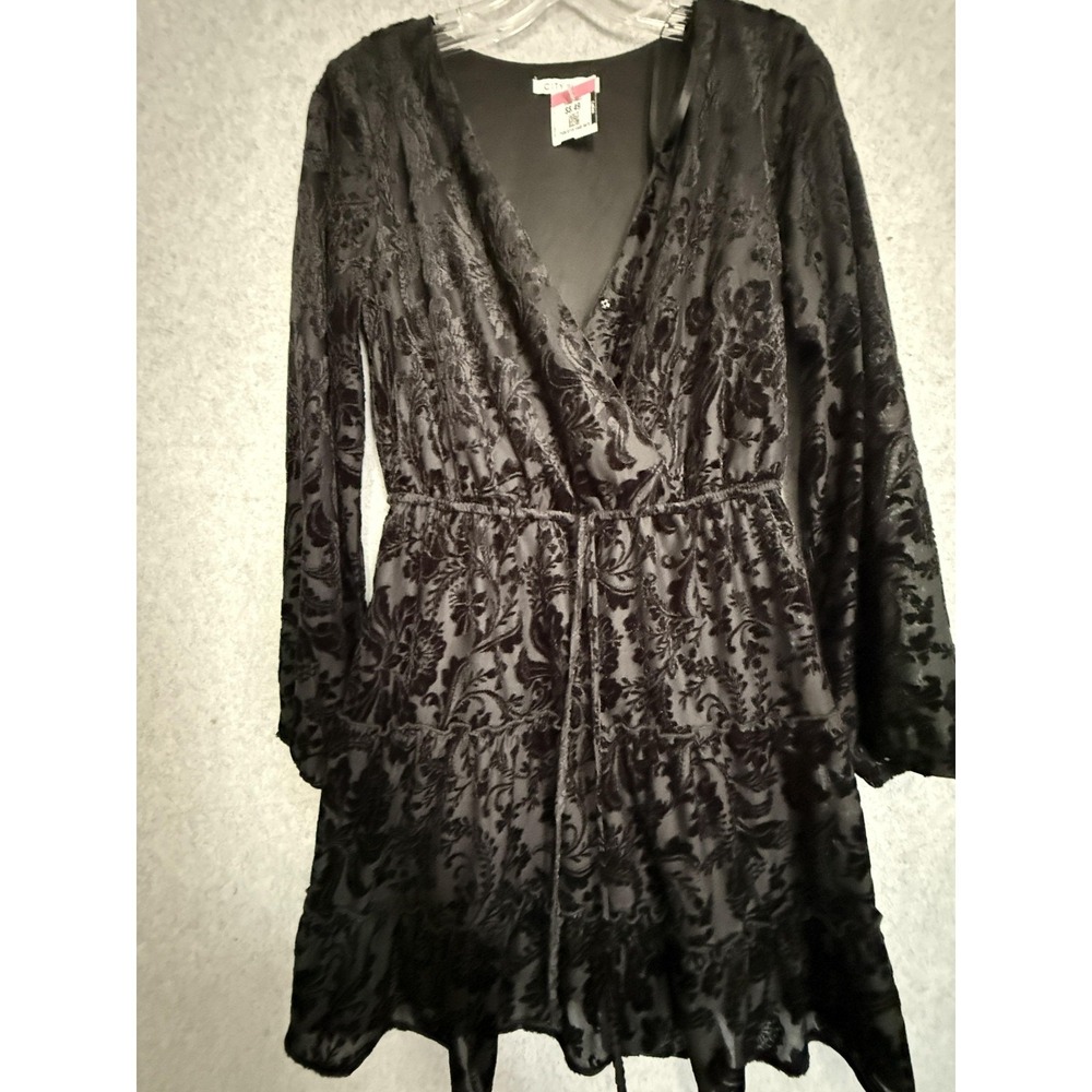 City Vibe Dress Womens Small Black Velvet Burnout Floral Wrap Long Sleeve Short